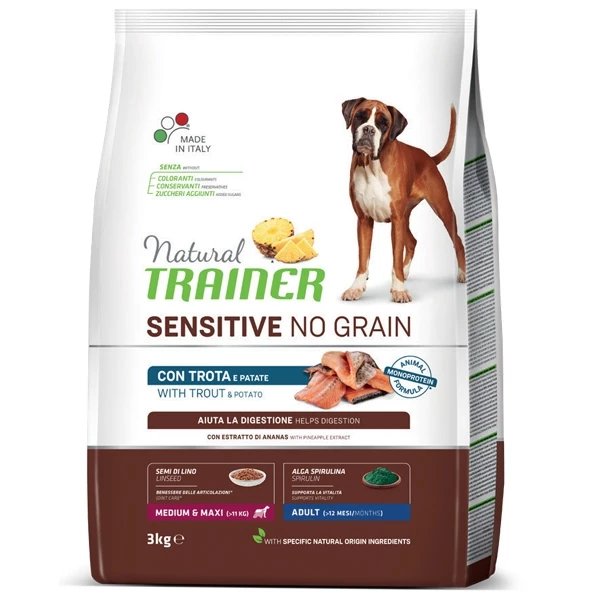 Trainer Natural Sensitive No Grain Medium & Maxi Adult Con Trota E Cereali Integrali